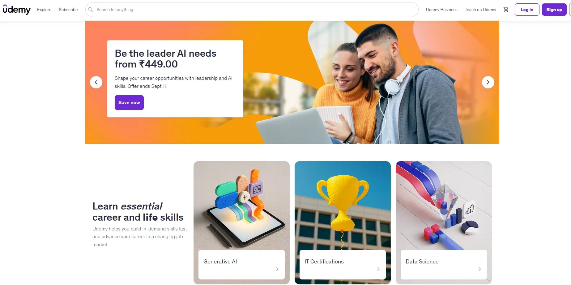 Udemy homepage with course categories and a regional promotion