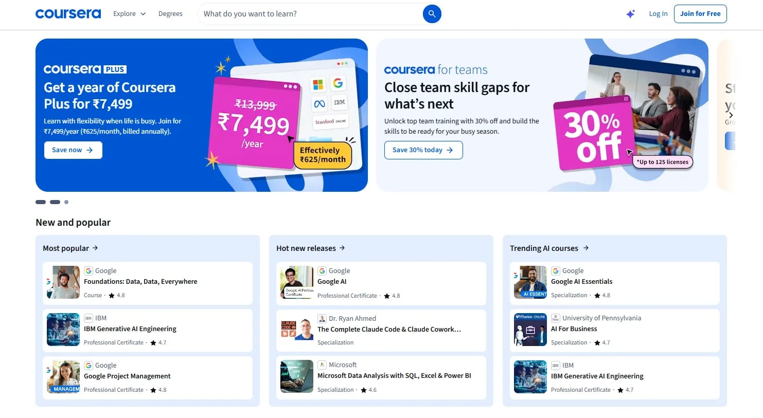 Coursera homepage with course recommendations and regional promotions