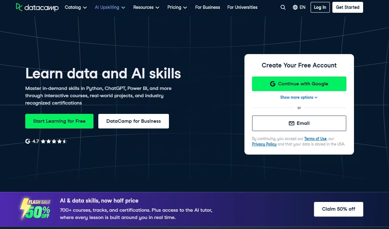 DataCamp homepage with data and AI learning options