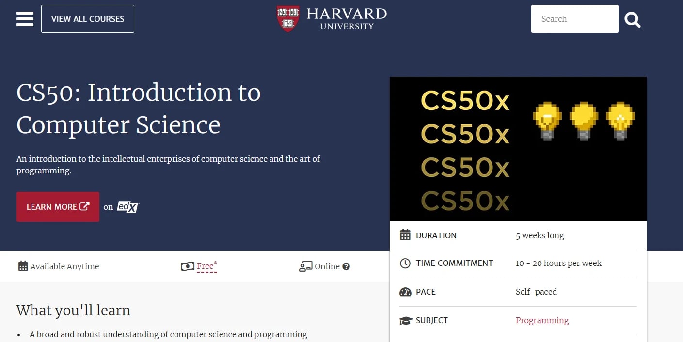 Harvard University’s CS50x introduction to computer science course page