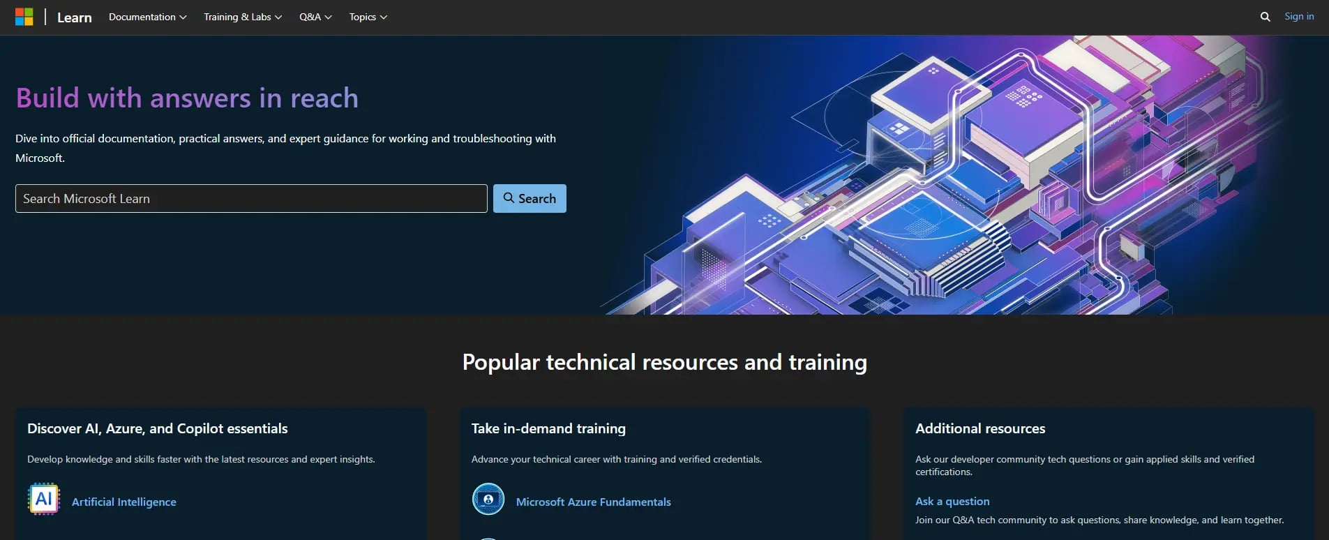 Microsoft Learn homepage with documentation and technical training