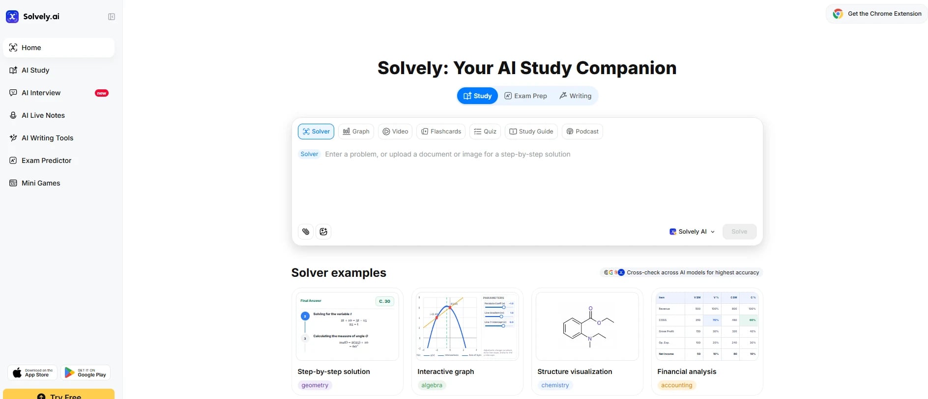 Solvely study workspace with solver tools and example questions