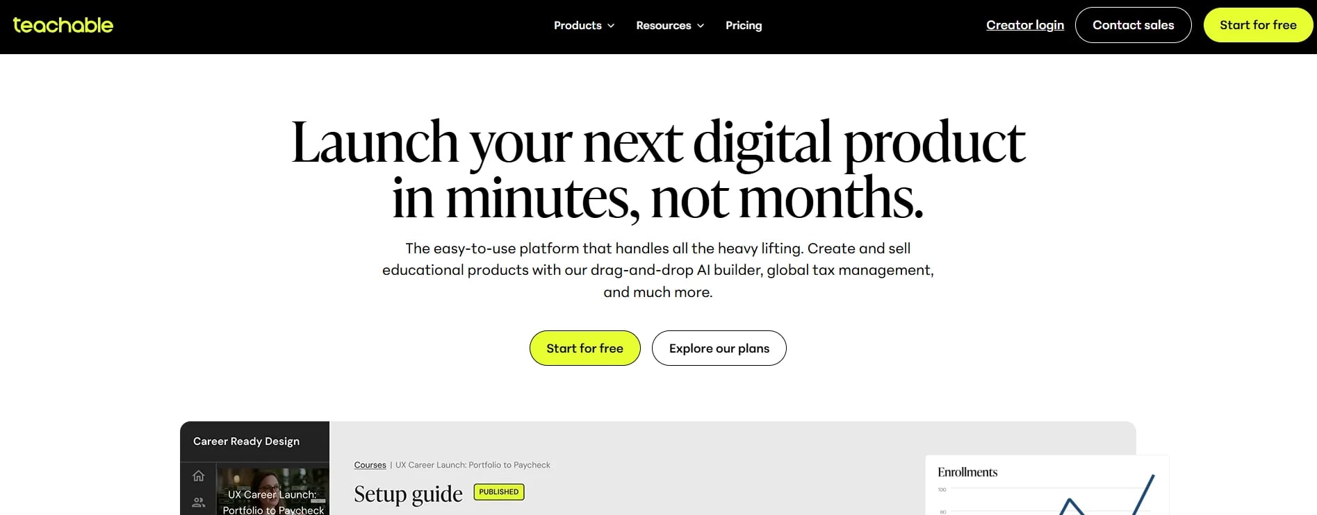 Teachable homepage with course creator platform features