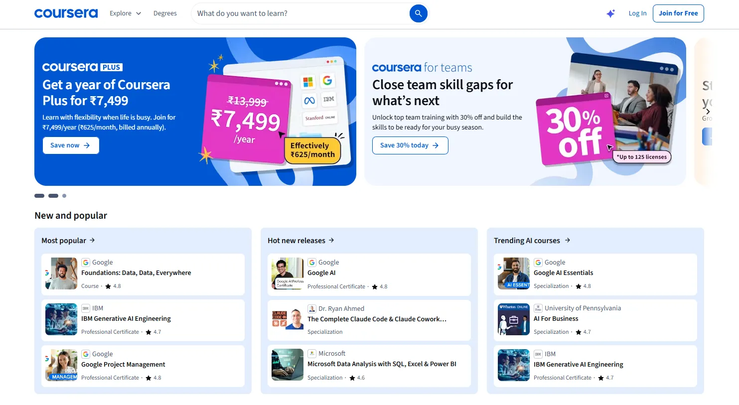 Coursera homepage with course recommendations and regional promotions