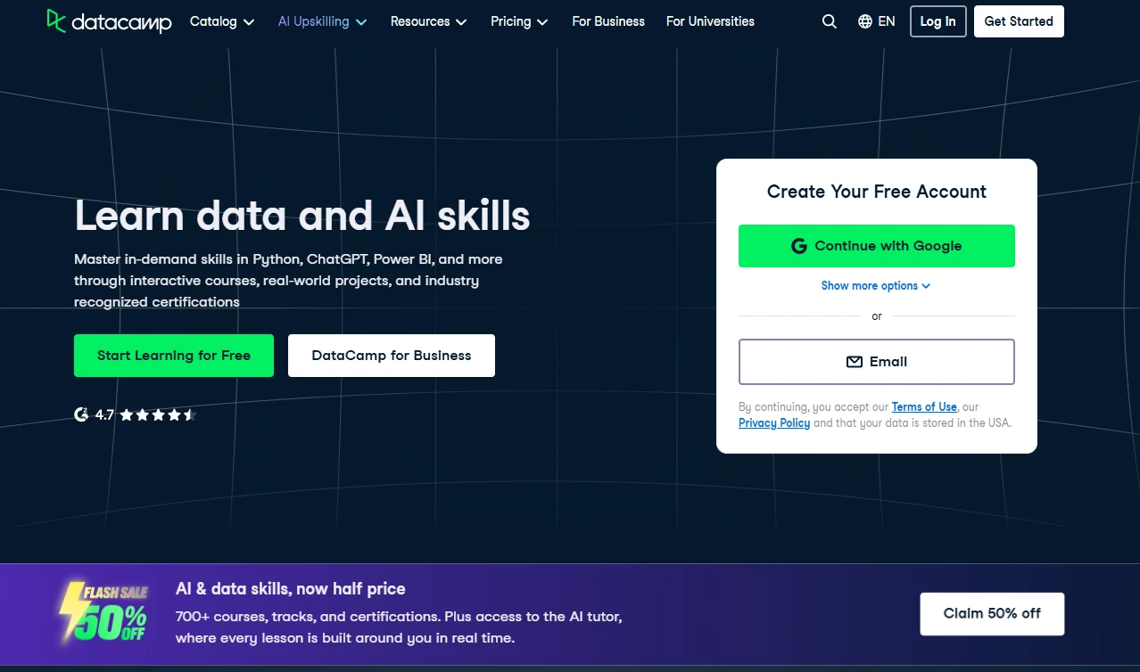 DataCamp homepage with data and AI learning options