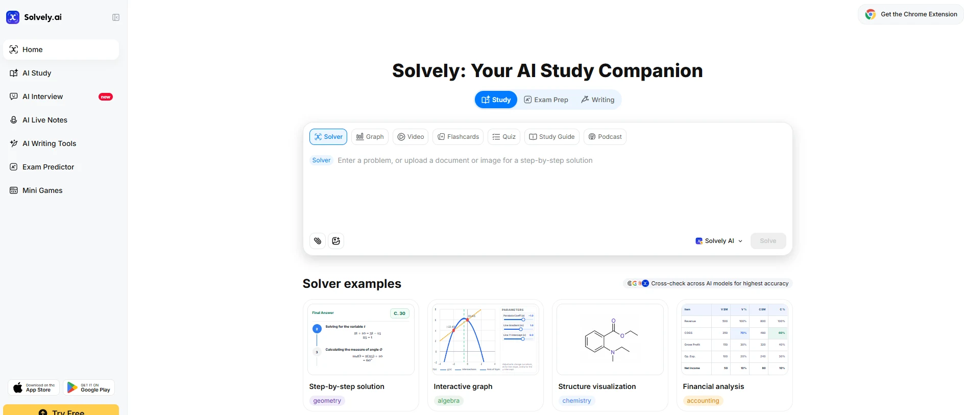 Solvely study workspace with solver tools and example questions